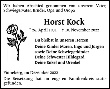 Traueranzeige von Horst Kock von Pinneberger Tageblatt