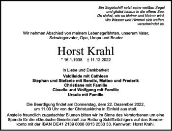 Traueranzeige von Horst Krahl von Holsteinischer Courier