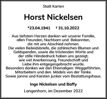 Traueranzeige von Horst Nickelsen von Husumer Nachrichten
