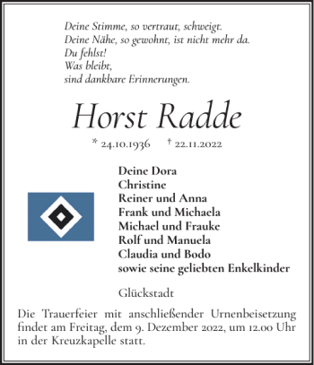 Traueranzeige von Horst Radde von Norddeutsche Rundschau