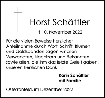 Traueranzeige von Horst Schättler von Landeszeitung