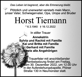 Traueranzeige von Horst Tiemann von Landeszeitung