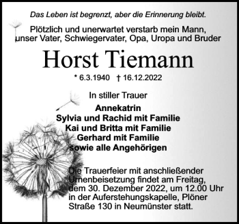 Traueranzeige von Horst Tiemann von Holsteinischer Courier