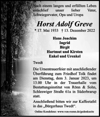 Traueranzeige von Horst Adolf Greve von Schleswiger Nachrichten