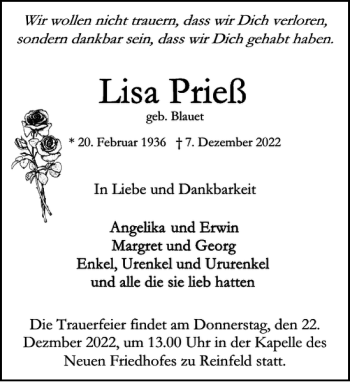 Traueranzeige von und Dezmber um der Friedhofes zu Reinfeld  von Stormarner Tageblatt