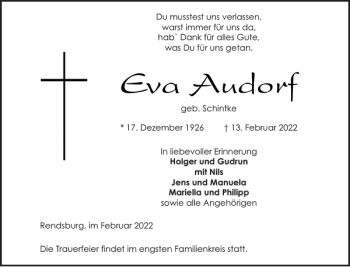 Traueranzeige von Eva Audorf von Landeszeitung