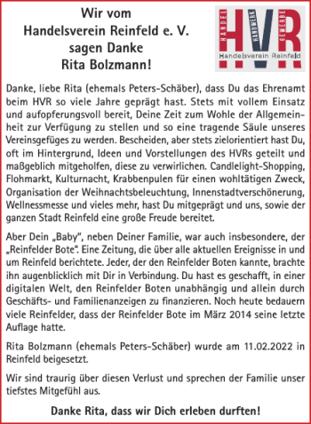Traueranzeige von Handelsverein Reinfeld e. V. Rita Bolzmann  von Stormarner Tageblatt