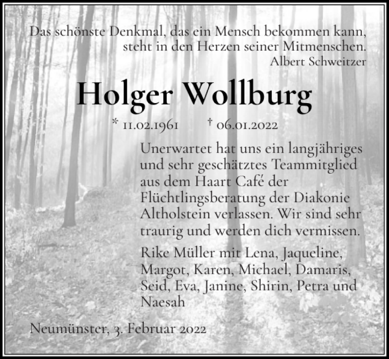  Traueranzeige für Holger Wollburg vom 03.02.2022 aus Holsteinischer Courier