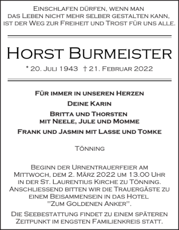 Traueranzeige von Horst Burmeister von Husumer Nachrichten