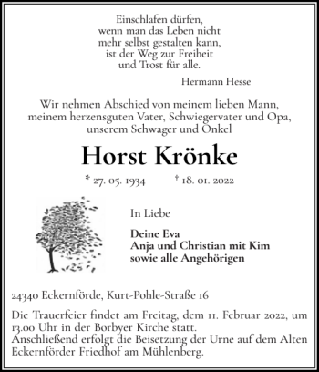 Traueranzeige von Horst Krönke von Eckernförder Zeitung