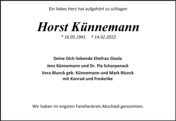 Traueranzeige von Horst Künnemann von Holsteinischer Courier