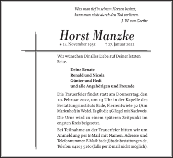 Traueranzeige von Horst Manzke von Wedel-Schulauer Tageblatt