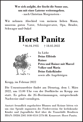Traueranzeige von Horst Panitz von Landeszeitung