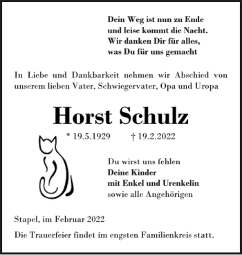 Traueranzeige von Horst Schulz von Landeszeitung
