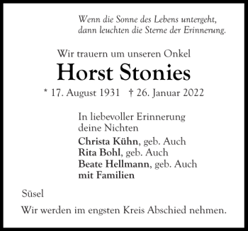 Traueranzeige von Horst Stonies von Ostholsteiner Anzeiger