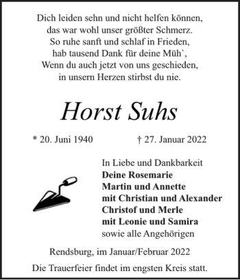 Traueranzeige von Horst Suhs von Landeszeitung