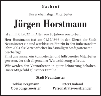 Traueranzeige von Jürgen Horstmann von Holsteinischer Courier