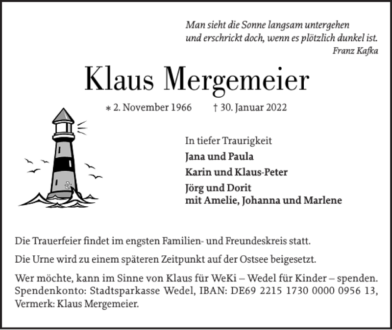  Traueranzeige für Klaus Mergemeier vom 12.02.2022 aus Wedel-Schulauer Tageblatt