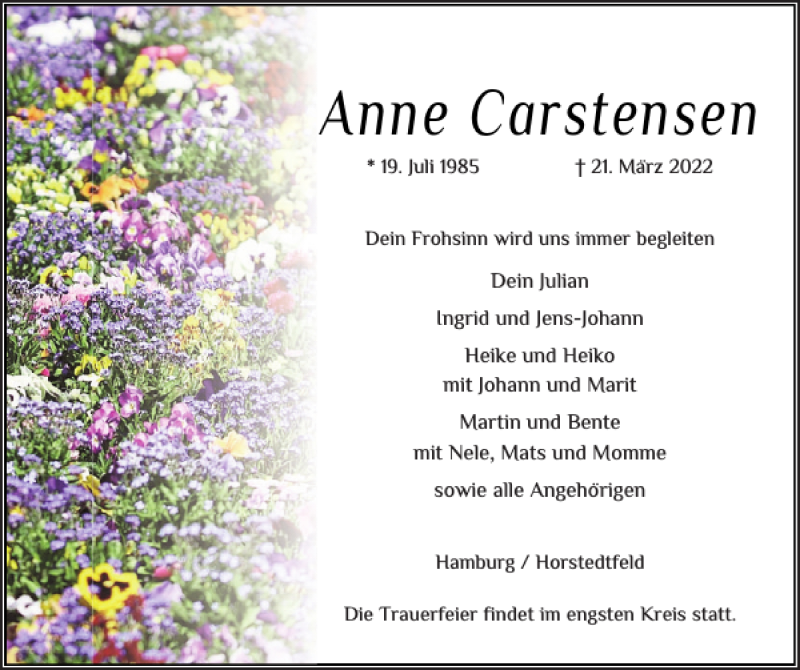  Traueranzeige für Anne Carstensen vom 26.03.2022 aus Husumer Nachrichten