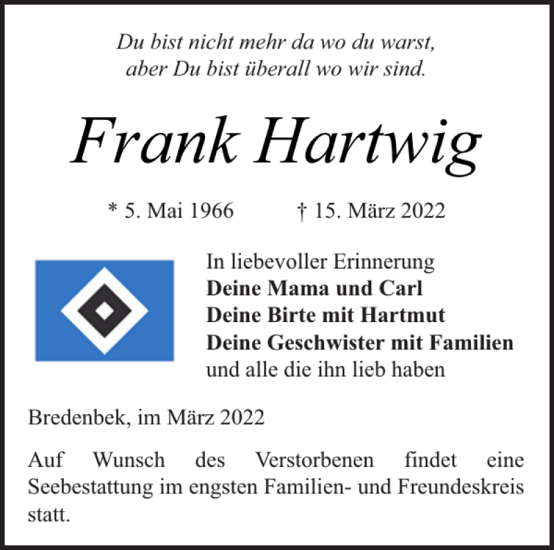  Traueranzeige für Frank Hartwig vom 24.03.2022 aus Landeszeitung
