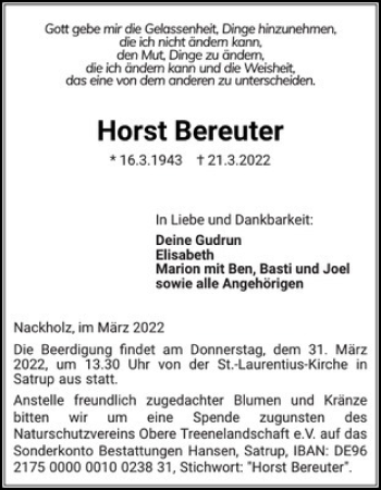 Traueranzeige von Horst Bereuter von Eckernförder Zeitung