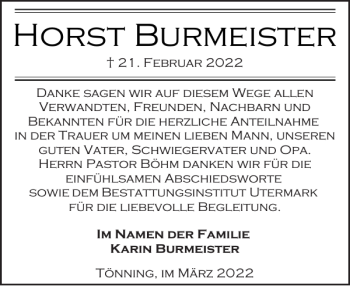 Traueranzeige von Horst Burmeister von Husumer Nachrichten
