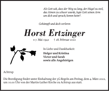 Traueranzeige von Horst Ertzinger von Nordfriesland Tageblatt