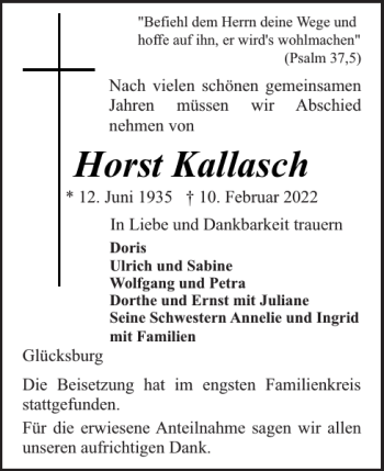 Traueranzeige von Horst Kallasch von Flensburger Tageblatt
