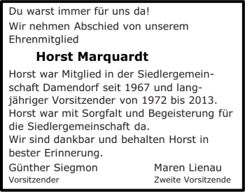 Traueranzeige von Horst Marquardt von Eckernförder Zeitung