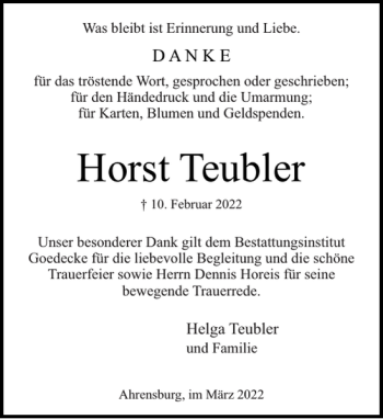 Traueranzeige von Horst Teubler von Stormarner Tageblatt