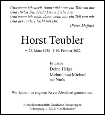 Traueranzeige von Horst Teubler von Stormarner Tageblatt