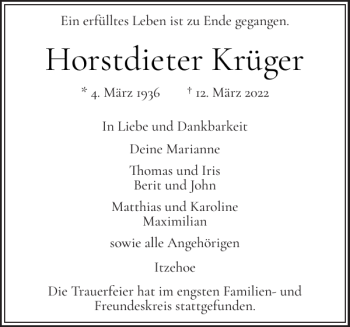 Traueranzeige von Horstdieter Krüger von Norddeutsche Rundschau