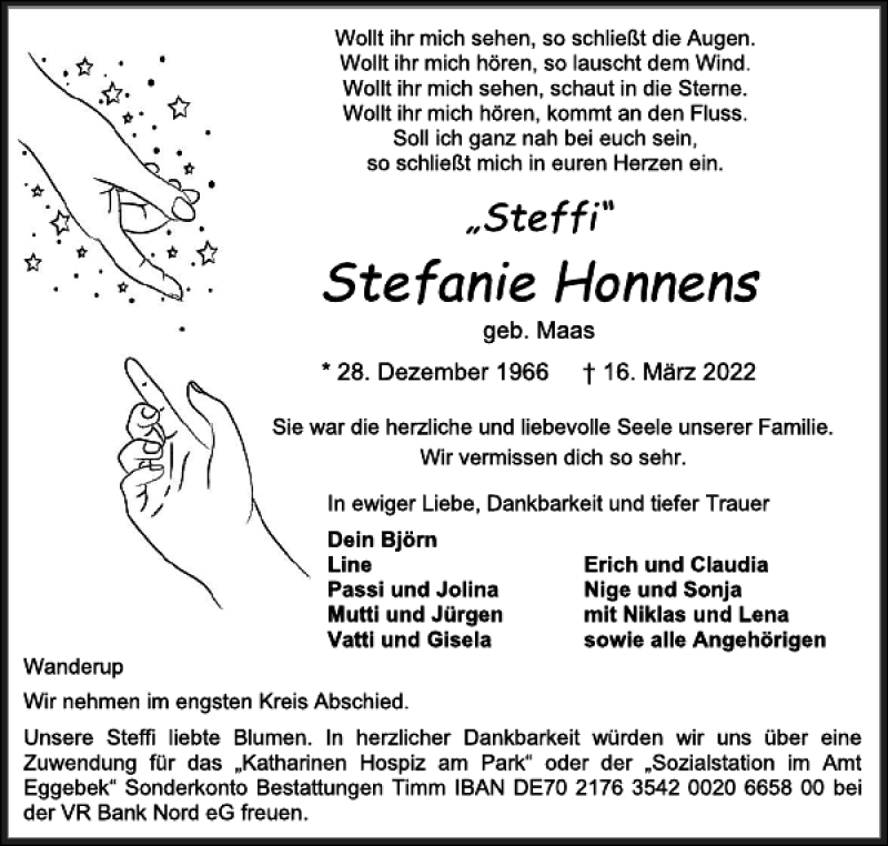  Traueranzeige für Stefanie Honnens vom 19.03.2022 aus Flensburger Tageblatt
