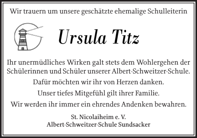  Traueranzeige für Ursula Titz vom 21.03.2022 aus Eckernförder Zeitung