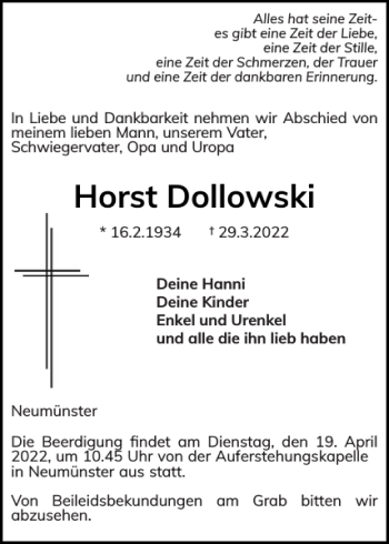 Traueranzeige von Horst Dollowski von Holsteinischer Courier