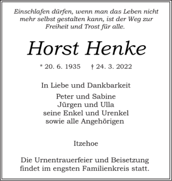 Traueranzeige von Horst Henke von Norddeutsche Rundschau