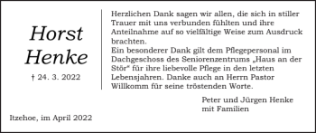 Traueranzeige von Horst Henke von Norddeutsche Rundschau