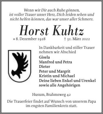 Traueranzeige von Horst Kuhtz von Husumer Nachrichten