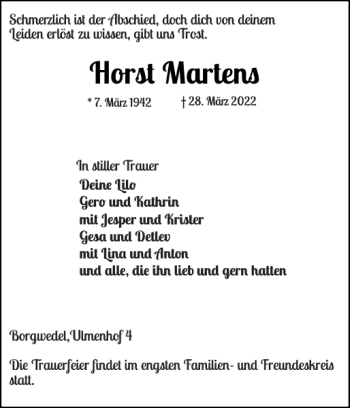 Traueranzeige von Horst Martens von Schleswiger Nachrichten