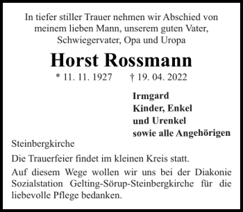 Traueranzeige von Horst Rossmann von Flensburger Tageblatt