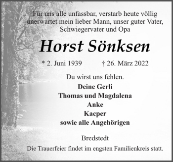 Traueranzeige von Horst Sönksen von Husumer Nachrichten