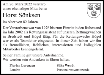 Traueranzeige von Horst Sönksen von Husumer Nachrichten