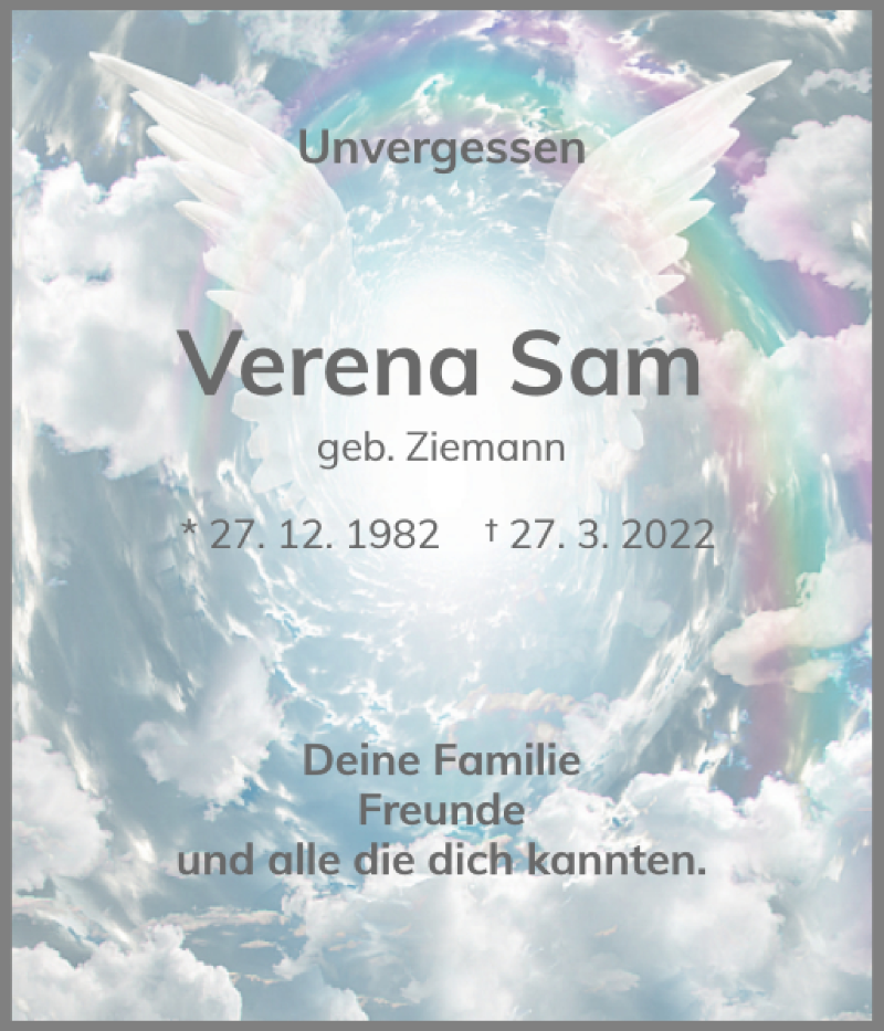  Traueranzeige für Verena Sam vom 09.04.2022 aus Elmshorner Nachrichten