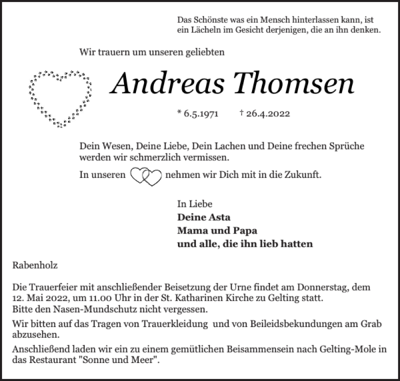  Traueranzeige für Andreas Thomsen vom 07.05.2022 aus Schlei-Bote