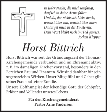 Traueranzeige von Horst Bittrich von Norddeutsche Rundschau