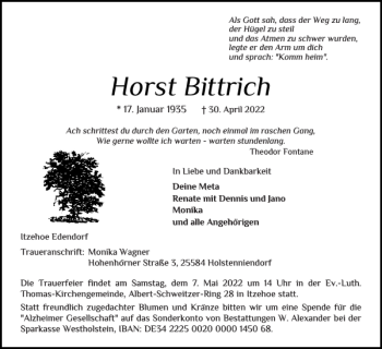 Traueranzeige von Horst Bittrich von Norddeutsche Rundschau