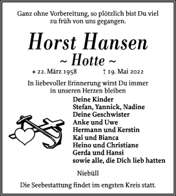 Traueranzeige von Horst Hansen von Husumer Nachrichten