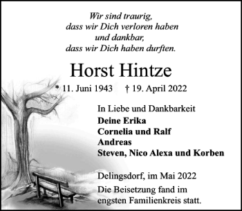 Traueranzeige von Horst Hintze von Stormarner Tageblatt