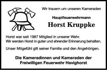 Traueranzeige von Horst Kruppke von Stormarner Tageblatt