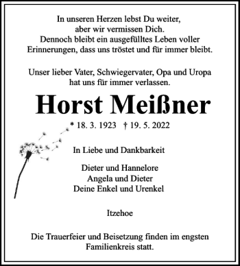Traueranzeige von Horst Meißner von Norddeutsche Rundschau